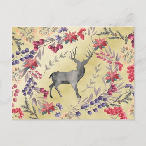 Watercolor Deer Winter Berries Gold Postcard