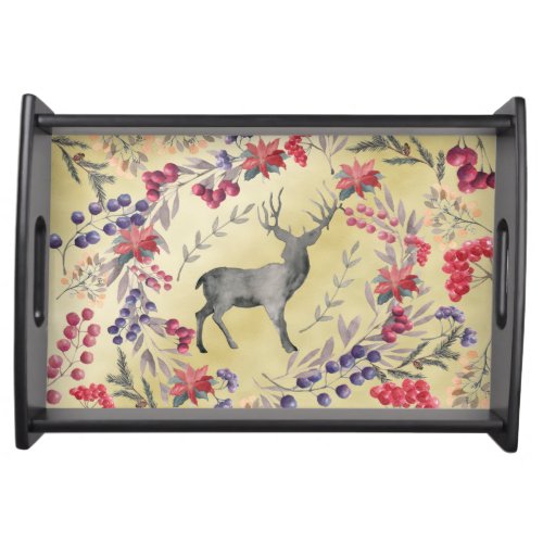 Watercolor Deer Winter Berries Gold Serving Tray