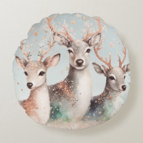 Watercolor Deer Winter Woodland Animals Holiday  Round Pillow