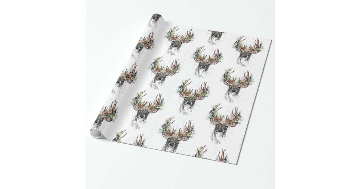 Watercolor Deer with Christmas Antlers Wrapping Wrapping Paper Zazzle