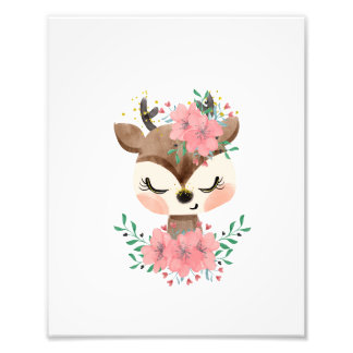 Watercolor Deer with Florals Photo Print