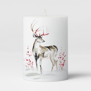 Watercolor Deer with Red Berries & Bare Branches Pillar Candle