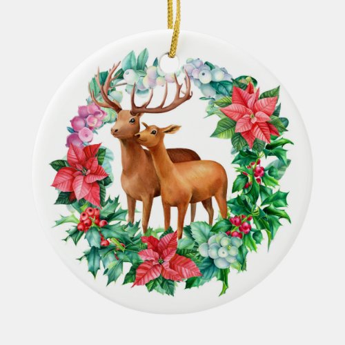 Watercolor Deers Botanical Wreath Holiday Photo Ceramic Ornament