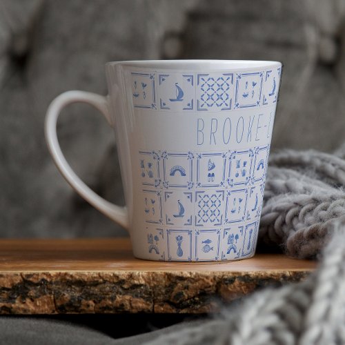 Watercolor Delft Blue and White Tile  Monogram Latte Mug