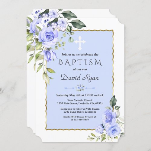 Watercolor Delicate Blue Flowers Gold Baptism Invitation