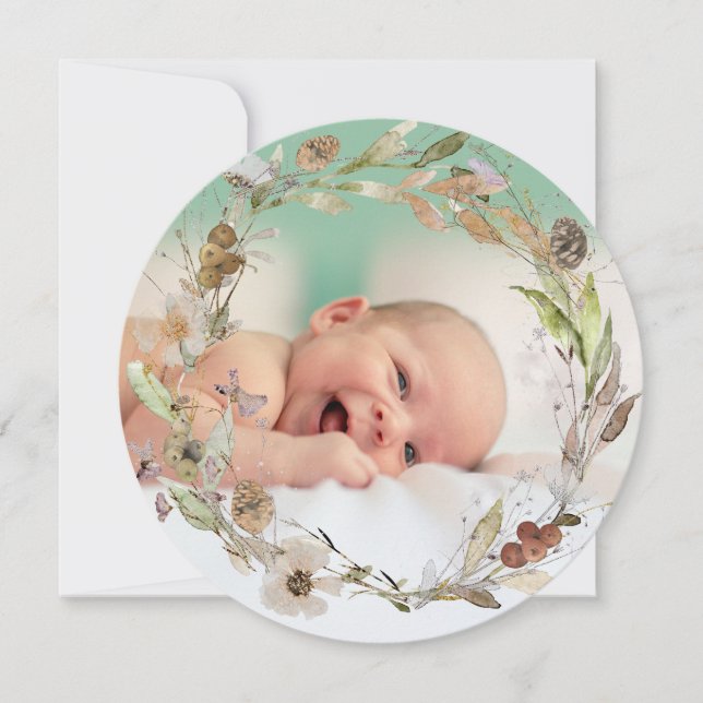 watercolor delicate fall wreath new baby holiday card (Front)