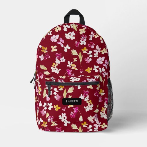 Watercolor delicate flowers burgundy red pattern printed backpack