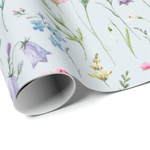 Watercolor Delicate Flowers Foliage Pattern Blue Wrapping Paper