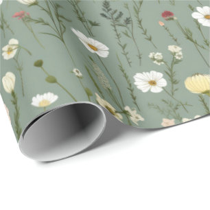 Watercolor Delicate Flowers Foliage Pattern Green Wrapping Paper