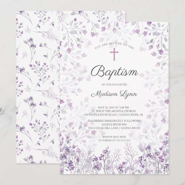 Watercolor Delicate Purple Flowers Baptism Invitation (Front/Back)