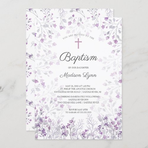 Watercolor Delicate Purple Flowers Baptism Invitation