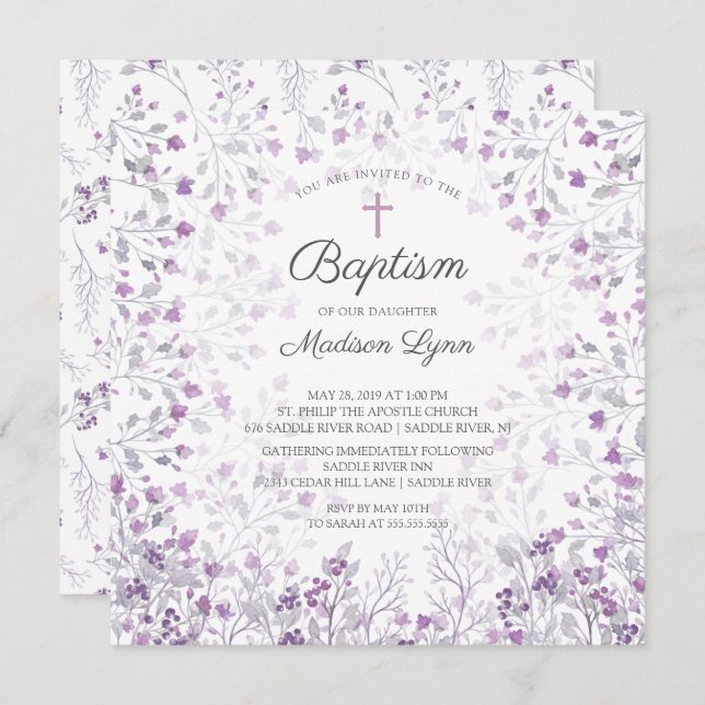 Watercolor Delicate Purple Flowers Baptism Invitation (Front/Back)