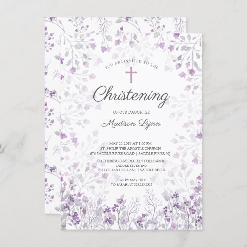 Watercolor Delicate Purple Flowers Christening Invitation