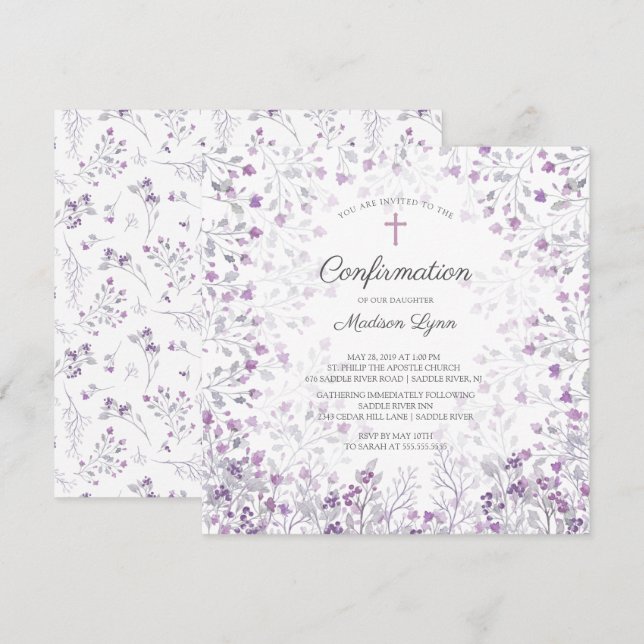 Watercolor Delicate Purple Flowers Confirmation Invitation (Front/Back)