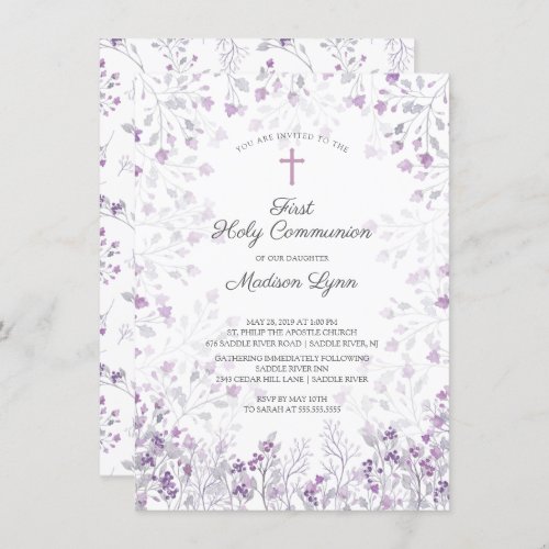 Watercolor Delicate Purple Flowers First Communion Invitation