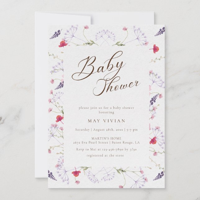 Watercolor Delicate Wildflower Baby Shower Invitation (Front)