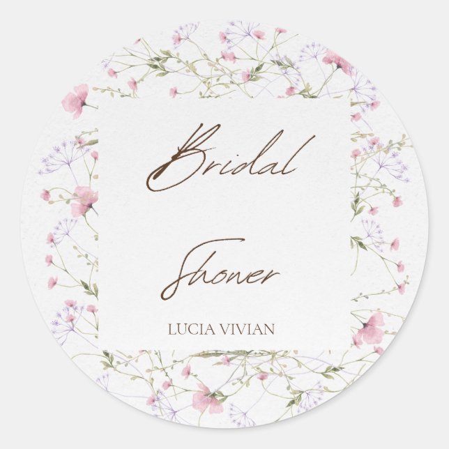 Watercolor Delicate Wildflower Bridal Shower Classic Round Sticker (Front)