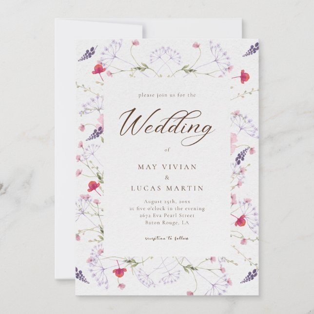 Watercolor Delicate Wildflower Calligraphy Wedding Invitation (Front)