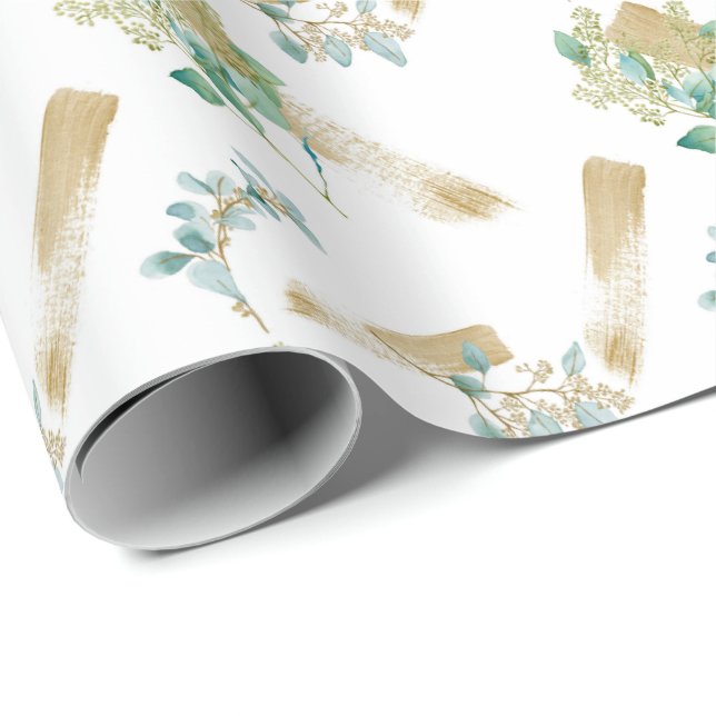 Watercolor Deluxe Eucalyptus with Gold Strokes Wrapping Paper (Roll Corner)