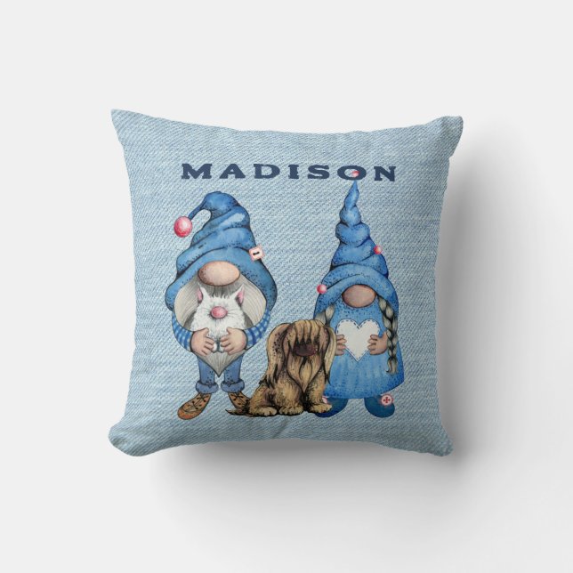 Watercolor Denim Gnomes Throw Pillow (Front)