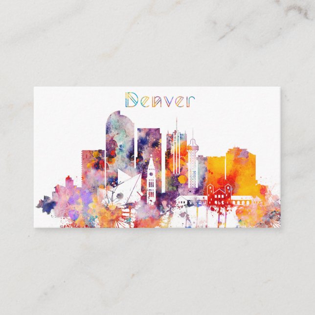 Watercolor Denver City Skyline Business Card (Front)