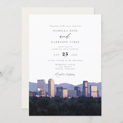 Watercolor Denver Colorado City Skyline Wedding Invitation