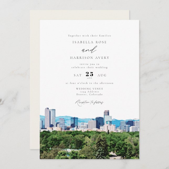 Watercolor Denver Colorado Skyline Wedding Invitation (Front/Back)