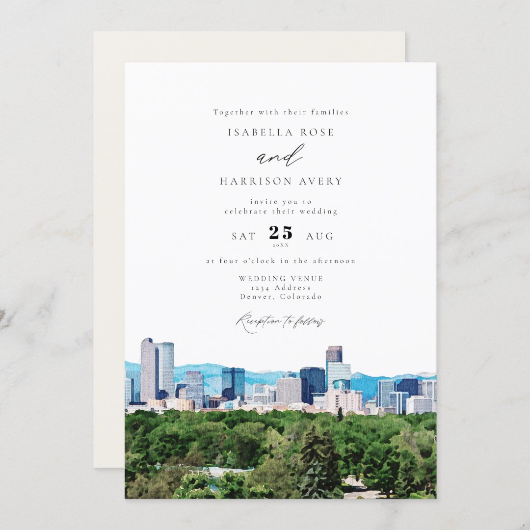 Watercolor Denver Colorado Skyline Wedding Invitation Zazzle