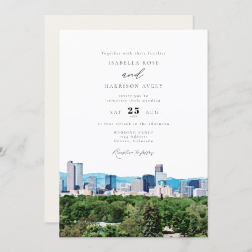 Watercolor Denver Colorado Skyline Wedding Invitation