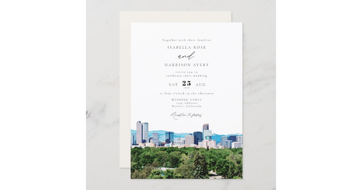 Watercolor Denver Colorado Skyline Wedding Invitation Zazzle