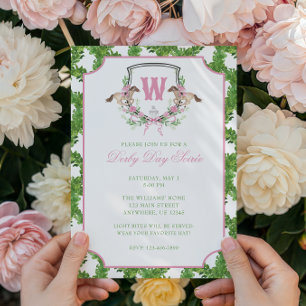 Watercolor Derby Day Horse Monogram Crest Party Invitation