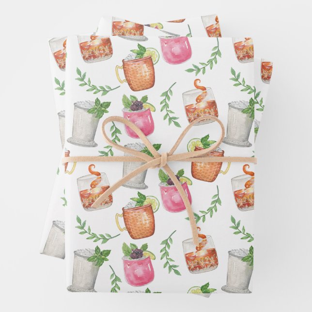 Watercolor Derby Day Mint Julep Drinks Wrapping Paper Sheets (In situ)