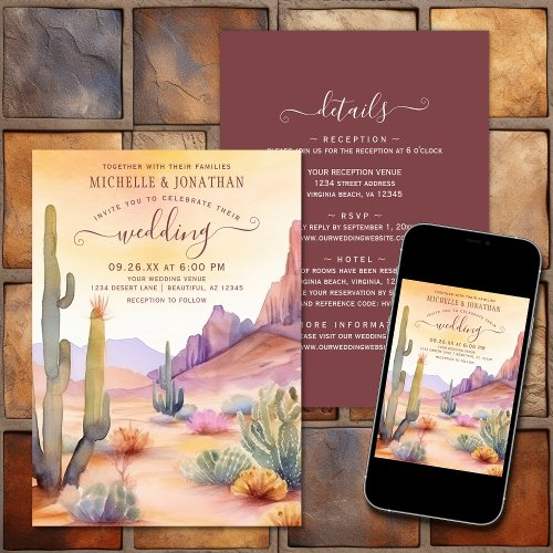 Watercolor Desert and Cactus All in One Wedding Invitation