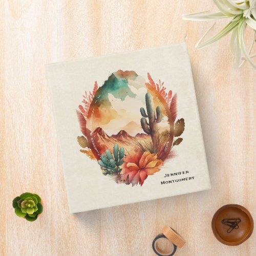 Watercolor Desert Cactus and Mountains 3 Ring Binder