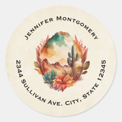 Watercolor Desert Cactus and Mountains Address Classic Round Sticker