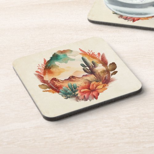 Watercolor Desert Cactus and Mountains Beverage Coaster