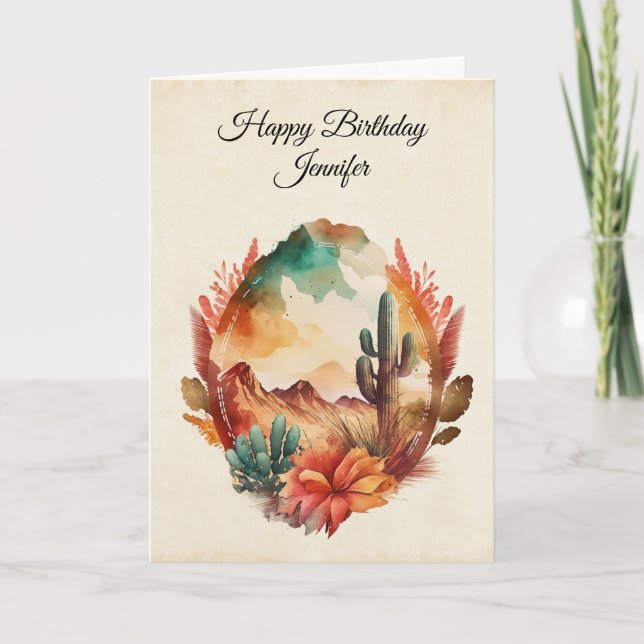 Watercolor Desert Cactus and Mountains Birthday Card (Front)