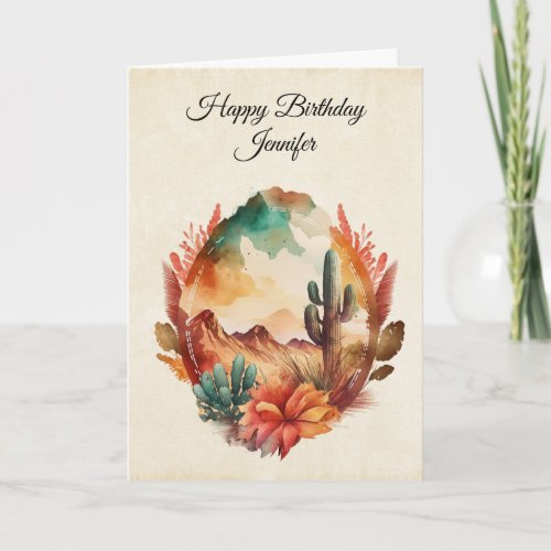 Watercolor Desert Cactus and Mountains Birthday Card