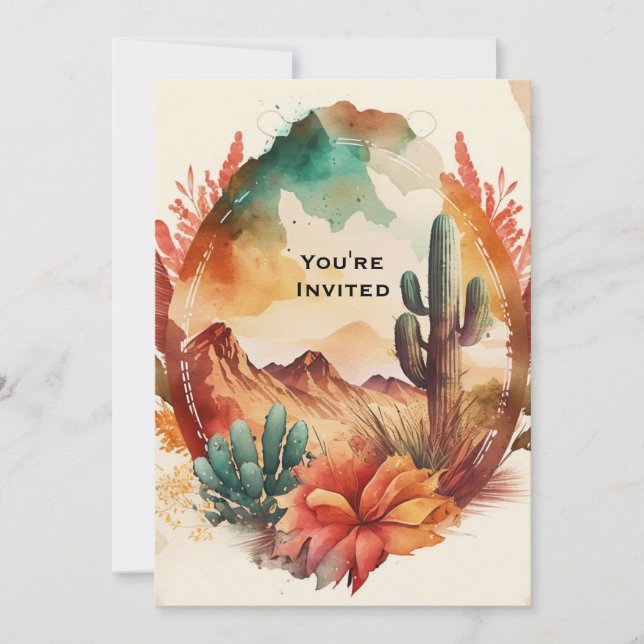 Watercolor Desert Cactus and Mountains Birthday Invitation (Front)