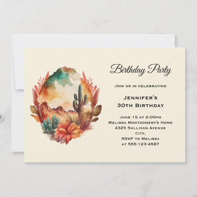 Watercolor Desert Cactus and Mountains Birthday Invitation (Front)