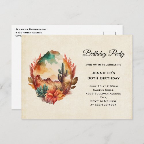 Watercolor Desert Cactus and Mountains Birthday Invitation Postcard