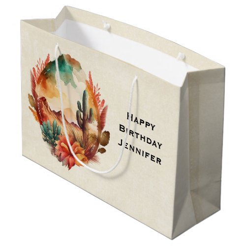 Watercolor Desert Cactus and Mountains Birthday Large Gift Bag