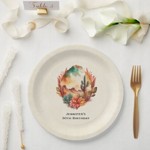 Watercolor Desert Cactus and Mountains Birthday Paper Plates