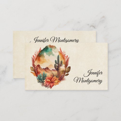 Watercolor Desert Cactus and Mountains Business Card