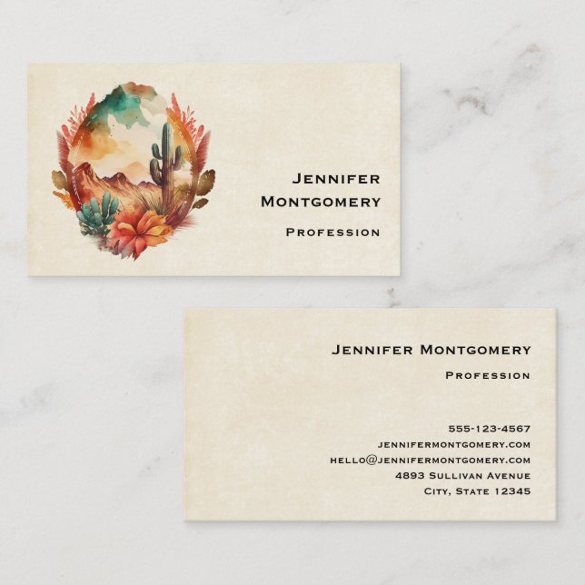 Watercolor Desert Cactus and Mountains Business Card (Front/Back)