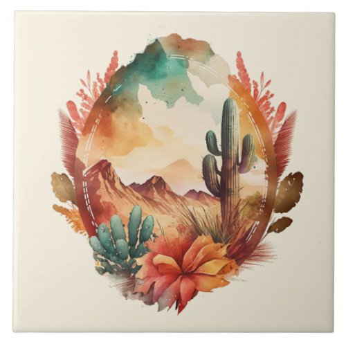 Watercolor Desert Cactus and Mountains Ceramic Tile