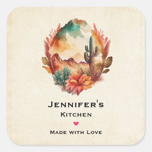 Watercolor Desert Cactus and Mountains Kitchen Square Sticker