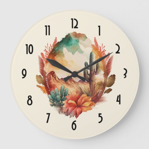 Watercolor Desert Cactus and Mountains Large Clock