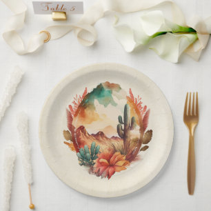 Watercolor Desert Cactus and Mountains Paper Plates