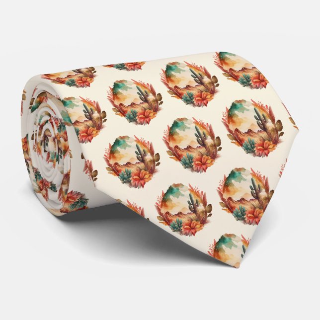 Watercolor Desert Cactus and Mountains Pattern Neck Tie (Rolled)